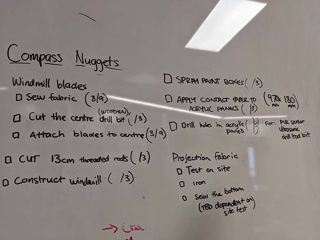 checklist on a whiteboard with remaining tasks to prepare for exhibit