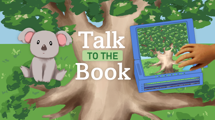 Illustration of a koala alongside text Talk to the Book and hand touching concept